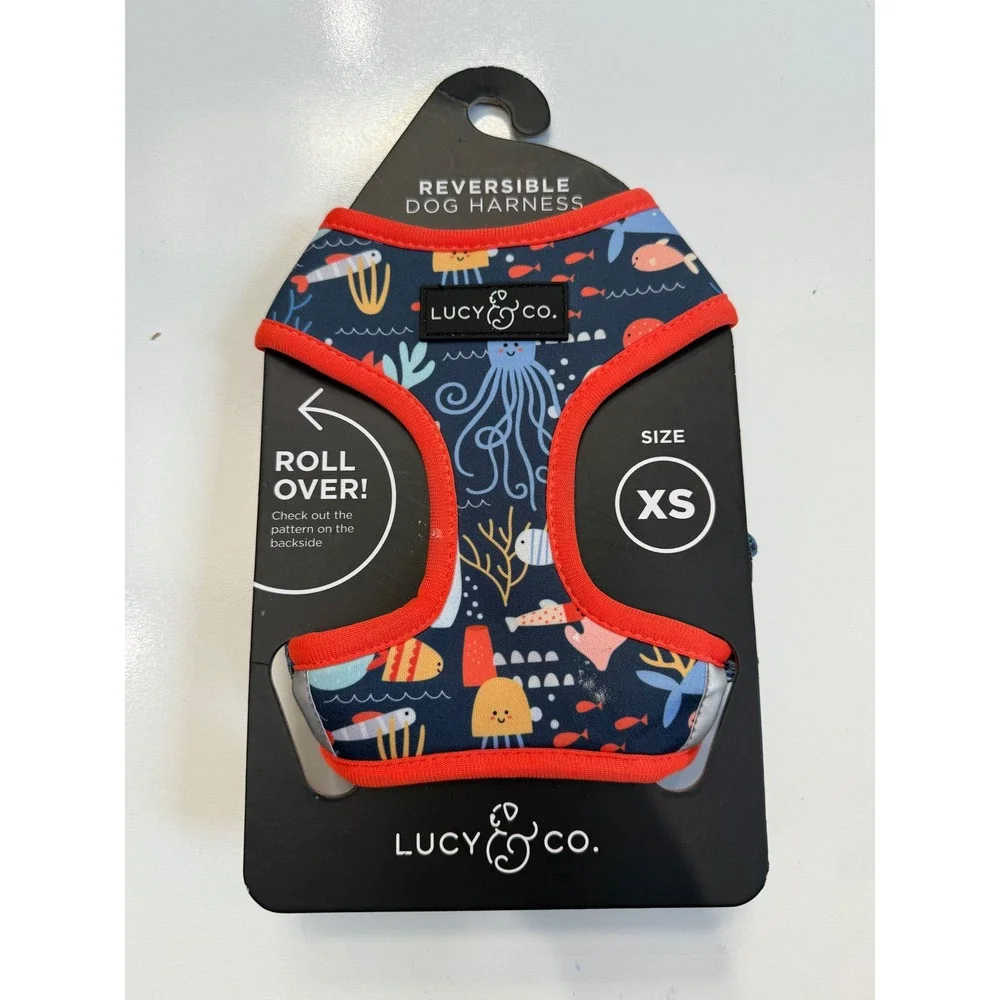 Lucy & Co Reversible Dog Harness Roll Over Sea Creatures Blue Red XS New